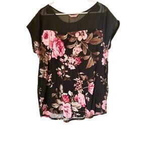 SJS Women's Top Size 2X Black Floral Blouse Short Sleeve Sheer